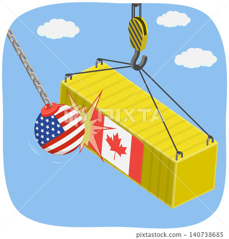 3D Isometric Flat Illustration of USA-Canada Trade War, Wrecking Ball Crushes Canadian Cargo Container. 3D Isometric Flat Illustration of USA-Canada Trade War, Wrecking Ball Crushes Canadian Cargo Container. 140738685