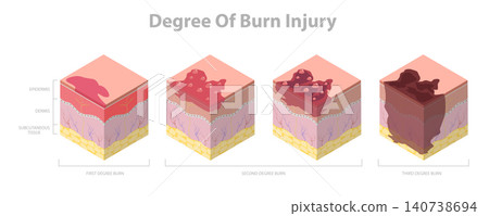 3D Isometric Flat Illustration of Skin Burn Degree, Stages In Epidermis And Dermis Layers 3D Isometric Flat Illustration of Skin Burn Degree, Stages In Epidermis And Dermis Layers 140738694