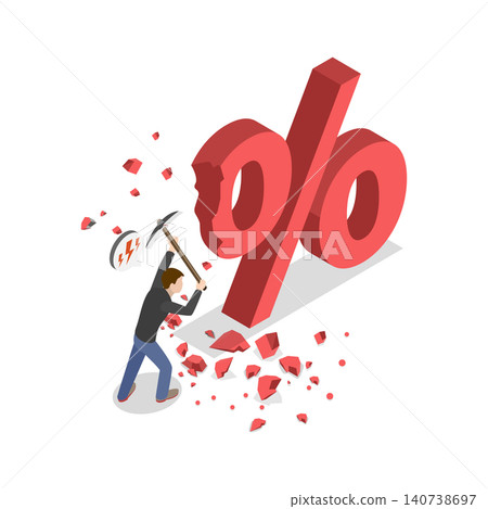 3D Isometric Flat Illustration of Price Reduction, Businessman With Sledgehammer Smashes Percentage Symbol - A Metaphor For Financial Success. 3D Isometric Flat Illustration of Price Reduction, Businessman With Sledgehammer Smashes Percentage Symbol - A Metaphor For Financial Success. 140738697