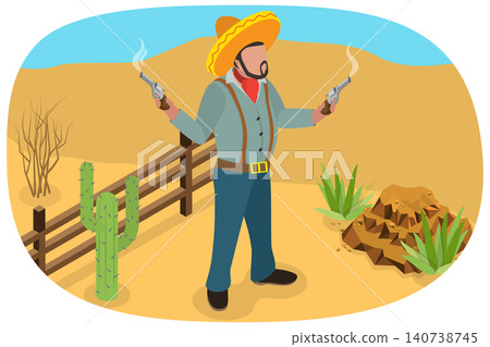 3D Isometric Flat Illustration of Mexican Cowboy, Funny Character 3D Isometric Flat Illustration of Mexican Cowboy, Funny Character 140738745