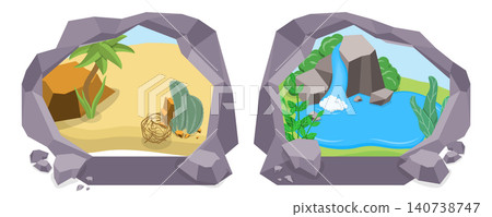 3D Isometric Flat Illustration of Cave From Inside, Panoramic Vista From Stone Cave Entrance 3D Isometric Flat Illustration of Cave From Inside, Panoramic Vista From Stone Cave Entrance 140738747