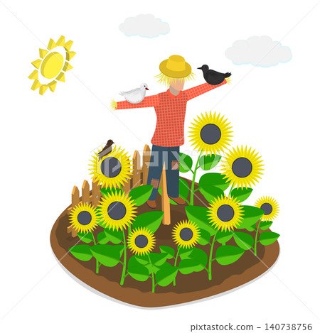 3D Isometric Flat  Illustration of Scarecrow, Sunflowers And Scarecrow: A Beautiful Pairing In The Field. 140738756