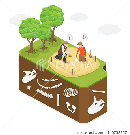 3D Isometric Flat  Illustration of Paleontology, Archaeologists Uncovering Dinosaur Skeletons 140738757
