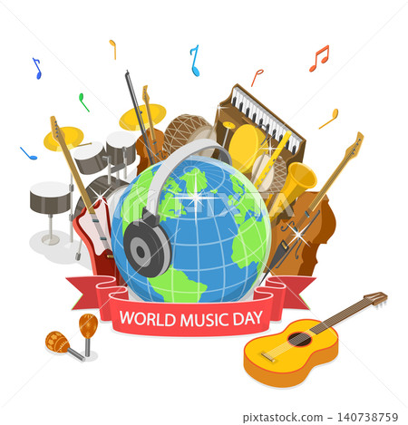 3D Isometric Flat  Illustration of World Music Day, 21 June, Featuring Musical Instruments And Notes 140738759