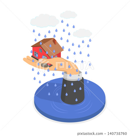 3D Isometric Flat  Illustration of Flood Insurance, Enormous Hand Shields Home From Flooding 140738760