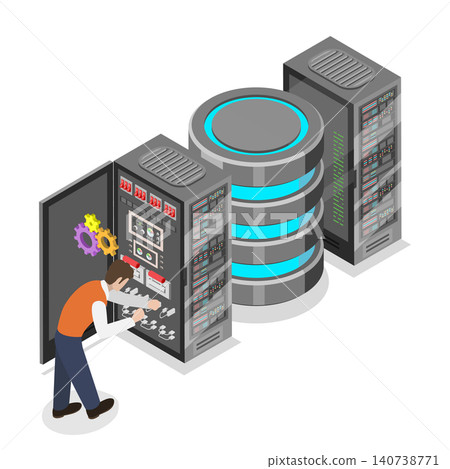 3D Isometric Flat Illustration of Server Rack, Sysadmin Engineer Managing Switchboard In Server-Rack Cabinet 3D Isometric Flat Illustration of Server Rack, Sysadmin Engineer Managing Switchboard In Server-Rack Cabinet 140738771