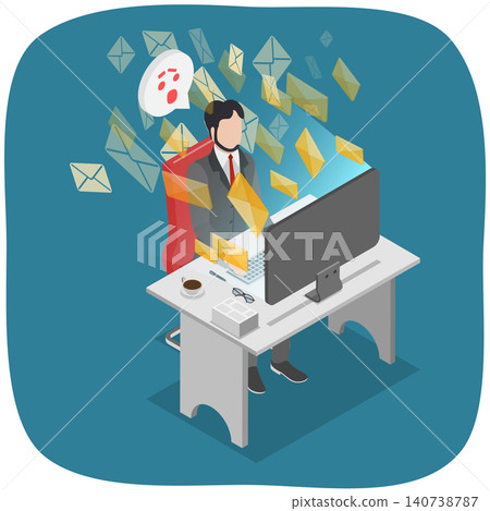 3D Isometric Flat Illustration of Email Overload, Businessman Struggling With E-mails At Desk 3D Isometric Flat Illustration of Email Overload, Businessman Struggling With E-mails At Desk 140738787