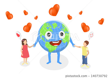 3D Isometric Flat Illustration of Happy Earth With Kids, Joyful Earth Character Embracing Kids Amid Hearts Symbolizing Planet Love. 3D Isometric Flat Illustration of Happy Earth With Kids, Joyful Earth Character Embracing Kids Amid Hearts Symbolizing Planet Love. 140738792
