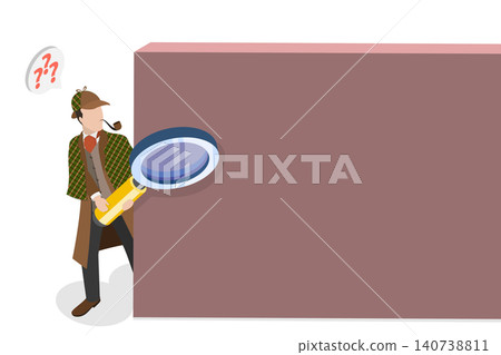 3D Isometric Flat Illustration of Mystery Detective, Detective Uncovering A Mystery Behind A Wall. 3D Isometric Flat Illustration of Mystery Detective, Detective Uncovering A Mystery Behind A Wall. 140738811