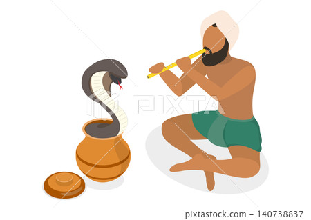 3D Isometric Flat Illustration of Cobra Charmer, Snake Lord Musical Performance 3D Isometric Flat Illustration of Cobra Charmer, Snake Lord Musical Performance 140738837