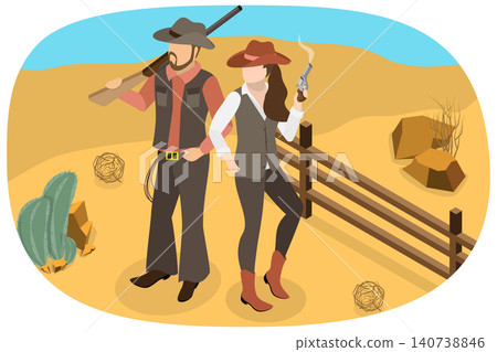 3D Isometric Flat Illustration of Wild West Couple, The Infamous Criminal Duo 3D Isometric Flat Illustration of Wild West Couple, The Infamous Criminal Duo 140738846