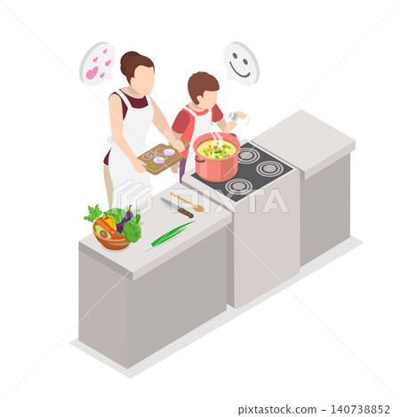 3D Isometric Flat Illustration of Cooking With Mom, Young Child Assisting Mother In Preparing A Pot Of Soup. 3D Isometric Flat Illustration of Cooking With Mom, Young Child Assisting Mother In Preparing A Pot Of Soup. 140738852
