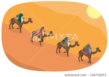 3D Isometric Flat  Illustration of Silk Road, Arab Traders On Camels In The Scorching Desert 140738853