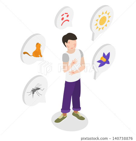 3D Isometric Flat Illustration of Skin Allergies, Young Boy Experiencing Severe Allergic Skin Itch 3D Isometric Flat Illustration of Skin Allergies, Young Boy Experiencing Severe Allergic Skin Itch 140738876