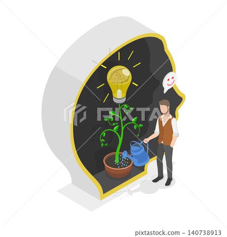 3D Isometric Flat Illustration of Growth Mindset, Watering Plants With A Light Bulb 3D Isometric Flat Illustration of Growth Mindset, Watering Plants With A Light Bulb 140738913