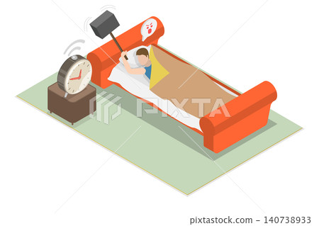 3D Isometric Flat  Illustration of Alarmclock, Man Smashes Alarm Clock With Hammer On Day Off To Avoid Hated Job. 140738933