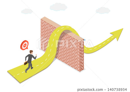 3D Isometric Flat  Illustration of Barriers Overcoming, Successful Entrepreneur, Conquering Obstacles To Achieve Business Success. 140738934