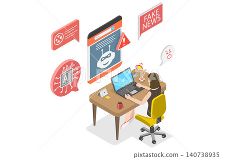 3D Isometric Flat  Illustration of Deepfake, The Use Of Deep Fake Technology In Stopping AI For Social Media And TV News. 140738935
