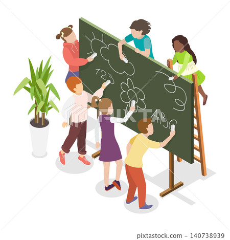 3D Isometric Flat Illustration of Blackboard, Kids Write On Chalkboard In School. 3D Isometric Flat Illustration of Blackboard, Kids Write On Chalkboard In School. 140738939