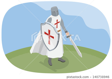 3D Isometric Flat Illustration of Crusader Knight, Templar with Sword And Shield In Dramatic Landscape 3D Isometric Flat Illustration of Crusader Knight, Templar with Sword And Shield In Dramatic Landscape 140738946