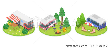3D Isometric Flat Illustration of Motorhomes, Vintage Campers Parked Outdoors In A Rustic Setting. 3D Isometric Flat Illustration of Motorhomes, Vintage Campers Parked Outdoors In A Rustic Setting. 140738947