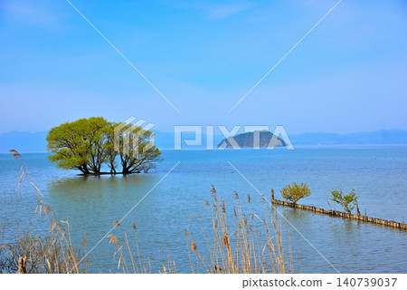 竹部島,漂浮在琵琶湖上,周圍環繞著滋賀縣的蔥鬱綠意。 竹部島,漂浮在琵琶湖上,周圍環繞著滋賀縣的蔥鬱綠意。 140739037