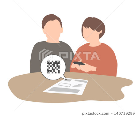 一對情侶正在用智慧型手機掃描二維碼的插圖。 一對情侶正在用智慧型手機掃描二維碼的插圖。 140739299