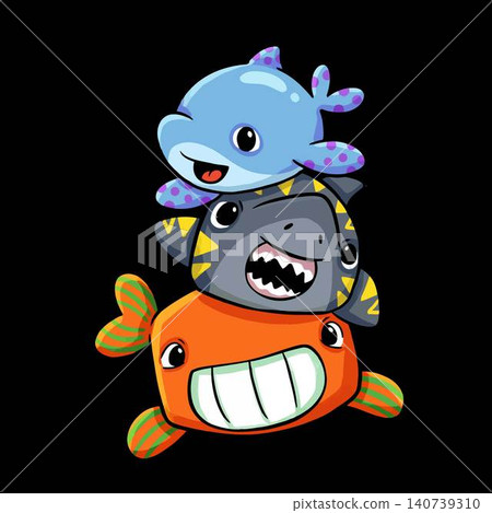 Adorable illustration featuring a stacked blue dolphin, grey shark, and a smiling orange fish. 140739310