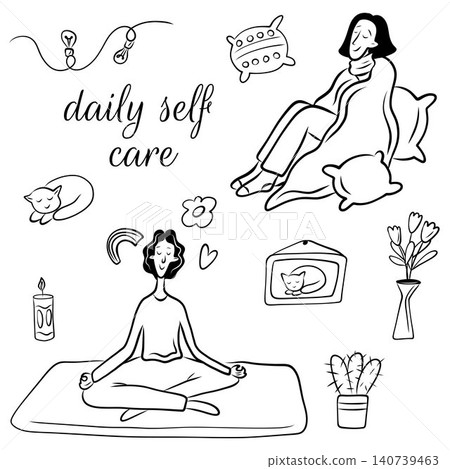 Vector illustration of girls taking care of their mental health in doodle style. Self-care, Harmony Vector illustration of girls taking care of their mental health in doodle style. Self-care, Harmony 140739463