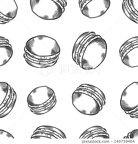 Vector sweets background. Seamless hand-drawn pattern with black and white French sweets and macarons for fabric, decor, and elements Vector sweets background. Seamless hand-drawn pattern with black and white French sweets and macarons for fabric, decor, and elements 140739464