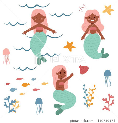 Vector illustration of a cartoon mermaid. Mermaid, siren, fairy tale, emotions, fantasy, dream, sea world, set Vector illustration of a cartoon mermaid. Mermaid, siren, fairy tale, emotions, fantasy, dream, sea world, set 140739471