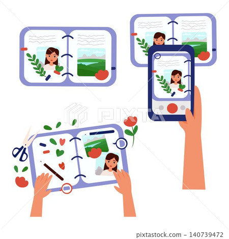 Vector illustration of a homemade travel album. A cartoon notebook for recording memories with flowers, leaves, and travel photos 140739472