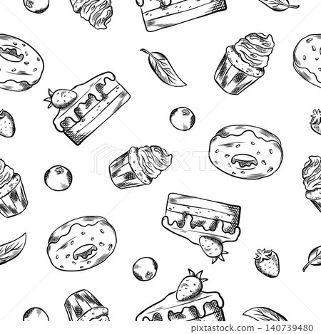 Vector sweets background. Seamless hand-drawn pattern with black and white cakes and candies for fabric, decor, and elements Vector sweets background. Seamless hand-drawn pattern with black and white cakes and candies for fabric, decor, and elements 140739480
