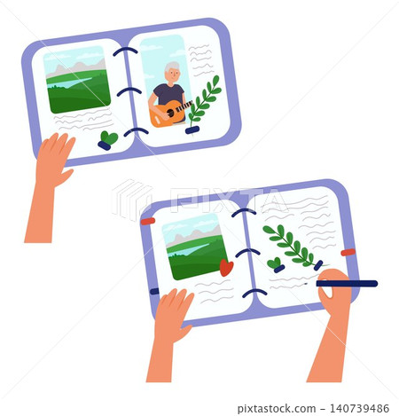 Vector illustration of a homemade travel album. A cartoon notebook for recording memories with flowers, leaves, and travel photos Vector illustration of a homemade travel album. A cartoon notebook for recording memories with flowers, leaves, and travel photos 140739486