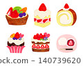 Collage-style hand-drawn strawberry sweets set (tart, roll cake, cupcake, strawberry mochi, shortcake) 140739620