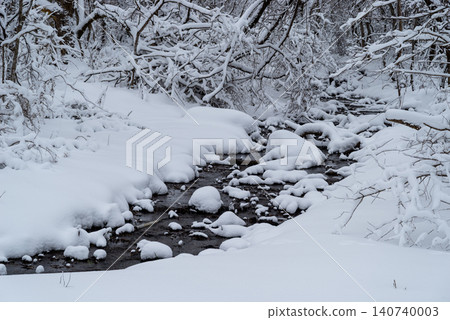 A scene of a stream flowing through a snow-covered forest. (b-1) A scene of a stream flowing through a snow-covered forest. (b-1) 140740003