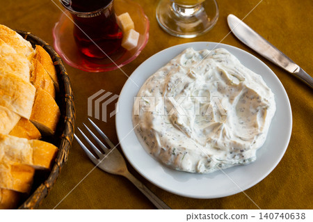 Turkish appetizer haydari with yogurt. Tzatziki or cacik closeup Turkish appetizer haydari with yogurt. Tzatziki or cacik closeup 140740638