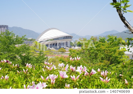 寬闊的公園杜鵑花盛開,還能遠眺體育場。 寬闊的公園杜鵑花盛開,還能遠眺體育場。 140740699