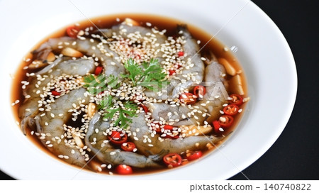 shrimp in soy sauce on white plate, korean style menu shrimp in soy sauce on white plate, korean style menu 140740822