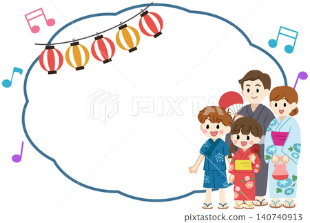 An illustration of a family in yukata (summer kimono) at a summer festival with a frame. An illustration of a family in yukata (summer kimono) at a summer festival with a frame. 140740913