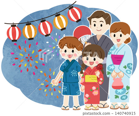 An illustration of a family enjoying fireworks at a summer festival while wearing yukata (traditional summer kimonos). An illustration of a family enjoying fireworks at a summer festival while wearing yukata (traditional summer kimonos). 140740915