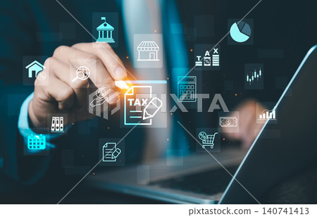 Businessman using stylus pen to submit digital tax return form online on laptop computer with financial icons. Businessman using stylus pen to submit digital tax return form online on laptop computer with financial icons. 140741413