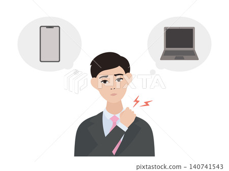 向量圖,描繪了一位因伏案工作而肩膀僵硬的商人。 向量圖,描繪了一位因伏案工作而肩膀僵硬的商人。 140741543