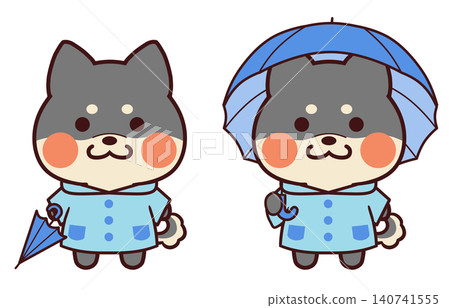 一隻黑色柴犬,穿著雨衣,拿著一把傘。 一隻黑色柴犬,穿著雨衣,拿著一把傘。 140741555