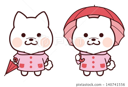 一隻穿著雨衣、拿著傘的白色柴犬 一隻穿著雨衣、拿著傘的白色柴犬 140741556