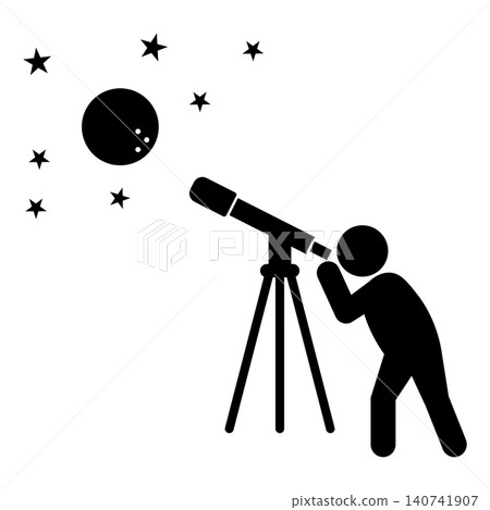 A person observing the full moon and stars with a telescope on a tripod. A silhouette of astronomy and moon viewing. A person observing the full moon and stars with a telescope on a tripod. A silhouette of astronomy and moon viewing. 140741907