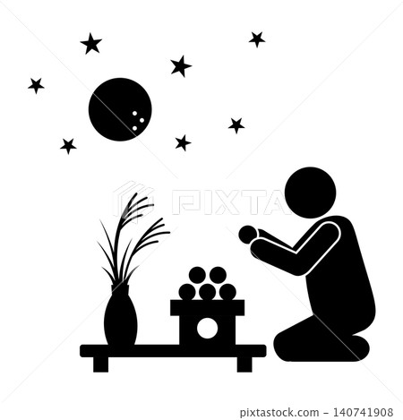 A person offering pampas grass and moon-viewing dumplings and praying; a silhouette of a moon-viewing figure on a full moon night. A person offering pampas grass and moon-viewing dumplings and praying; a silhouette of a moon-viewing figure on a full moon night. 140741908