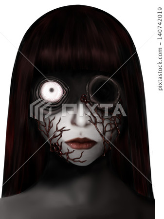 A terrifying and frightening woman with a grotesque face 140742019