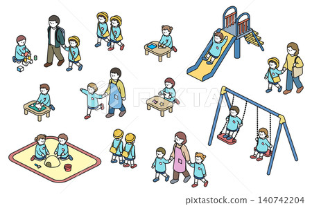 Isometric illustrations: A set of kindergarten children in various scenes (color) 140742204