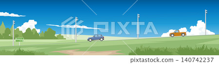 Horizontal landscape of open countryside road. Features a dark sedan and an orange pickup truck sloping road on a green hills. Road side with Roadside power pole. Under blue sky and white clouds. Horizontal landscape of open countryside road. Features a dark sedan and an orange pickup truck sloping road on a green hills. Road side with Roadside power pole. Under blue sky and white clouds. 140742237